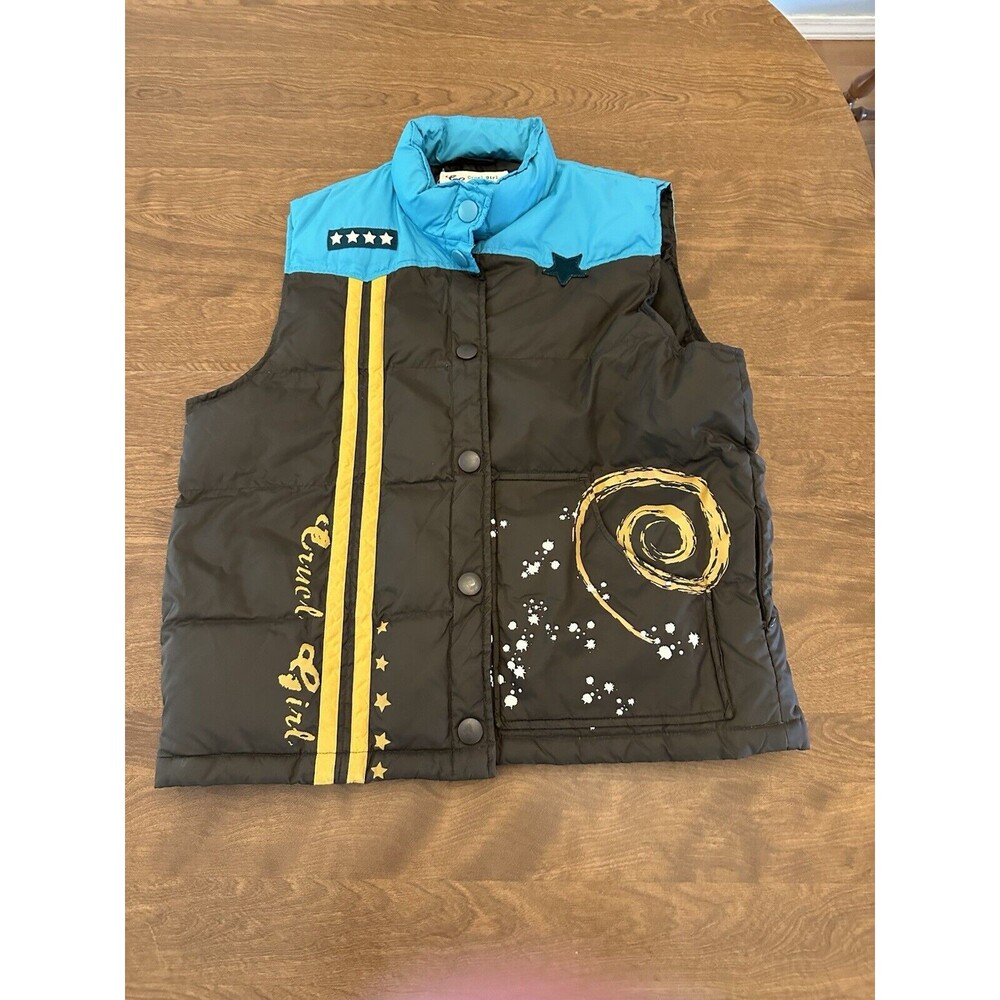Cruel Girl Puffer Vest Womens Large Black Blue Yellow Spell Out Puffer Vest